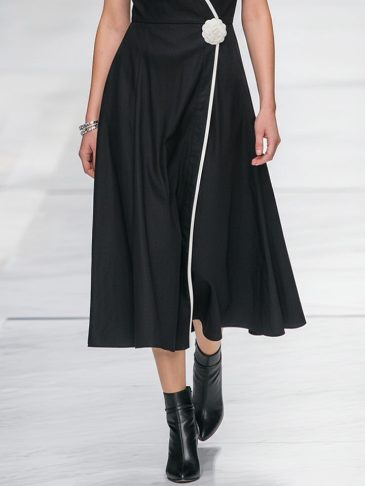 Women's Elegant Black Cotton Linen V-neck Color-blocked White-trimmed Short-sleeved A-line Midi Dress MDZ1598D4GMJ