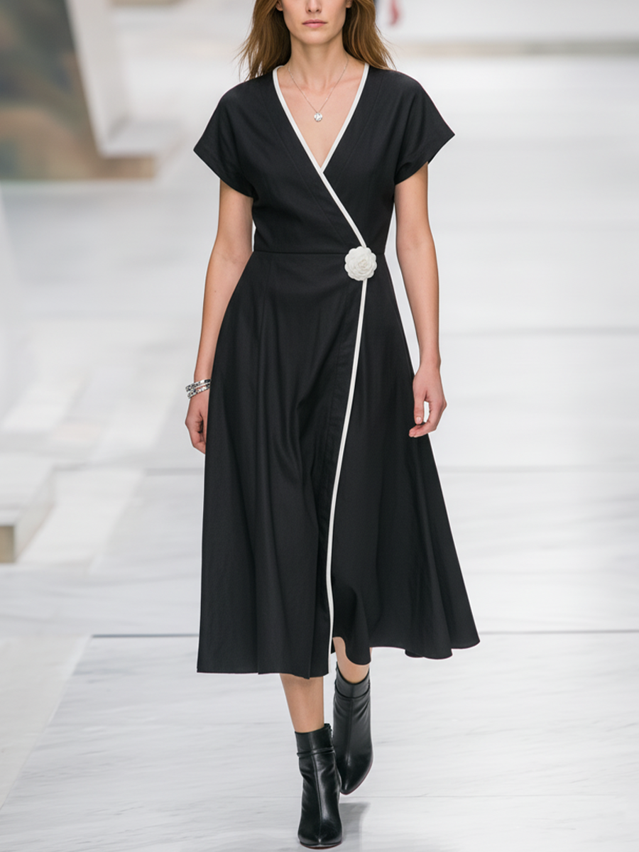 Women's Elegant Black Cotton Linen V-neck Color-blocked White-trimmed Short-sleeved A-line Midi Dress MDZ1598D4GMJ