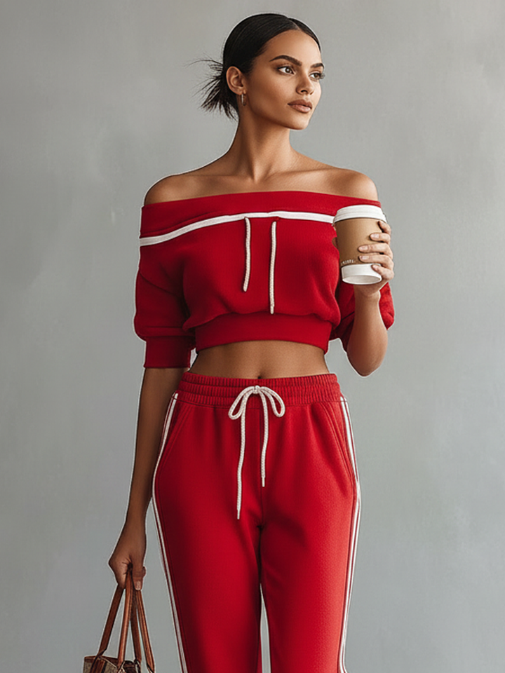 Women's Athleisure Off-Shoulder Short-Sleeve Sweatshirt & Straight-Leg Pants Set MDZ1617D6Y