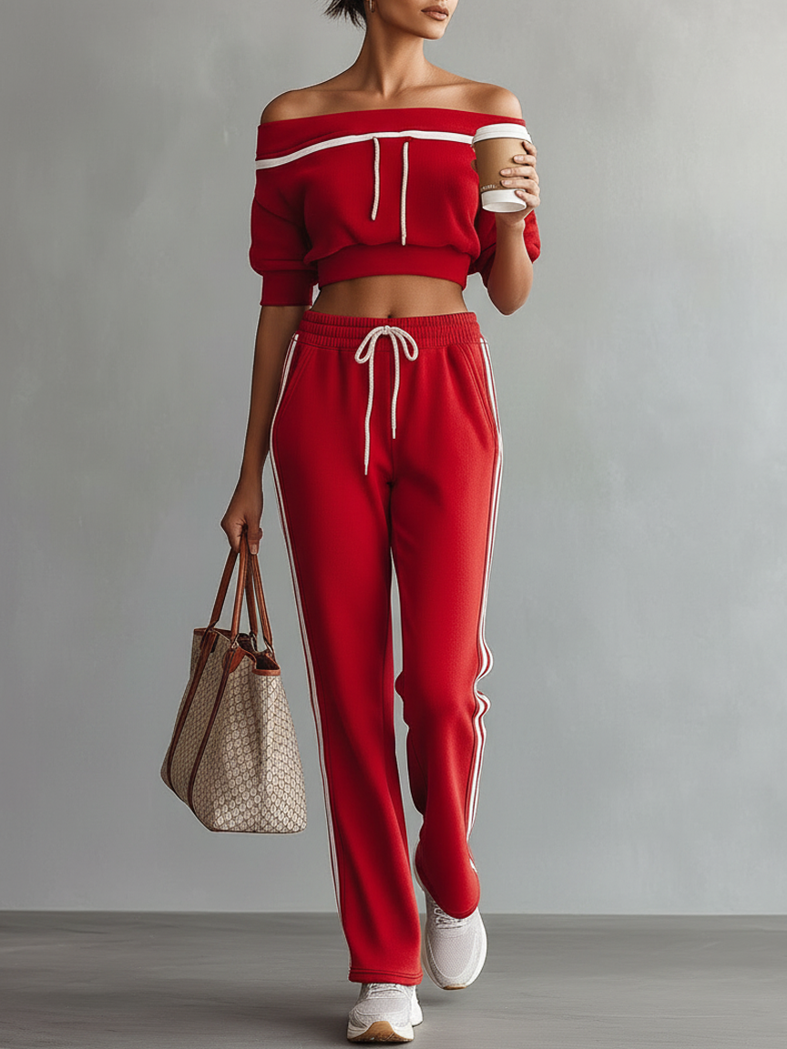 Women's Athleisure Off-Shoulder Short-Sleeve Sweatshirt & Straight-Leg Pants Set MDZ1617D6Y