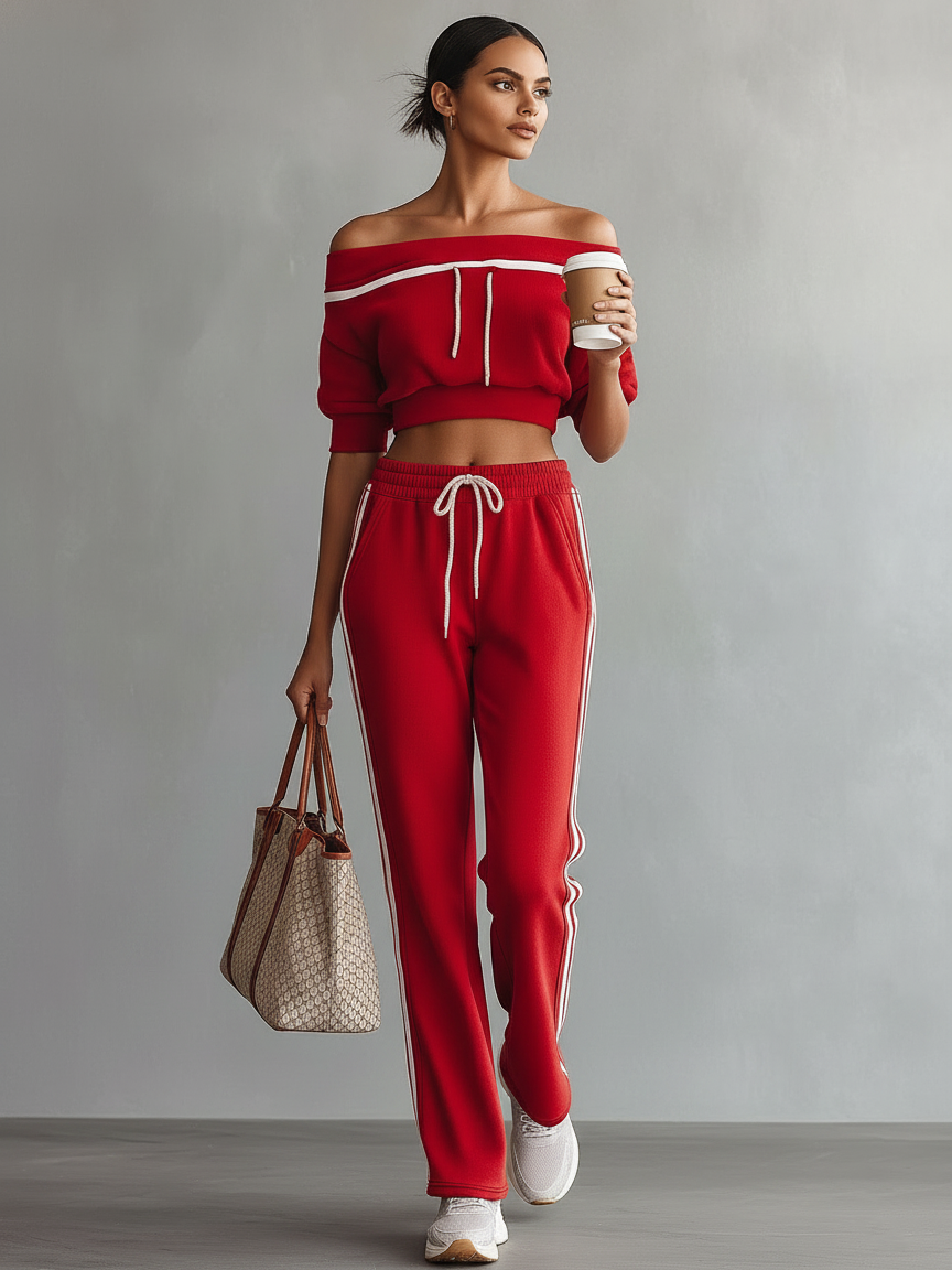 Women's Athleisure Off-Shoulder Short-Sleeve Sweatshirt & Straight-Leg Pants Set MDZ1617D6Y