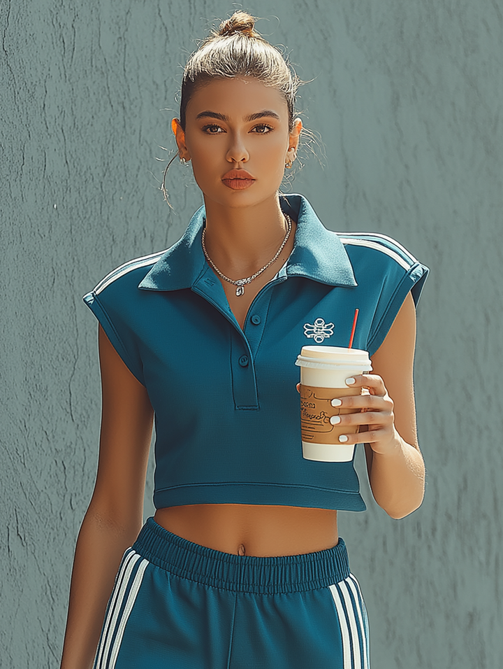 Women's Sporty-Casual Set: Sleeveless Collared Cropped Sweatshirt & Flared Pants MDZ1606D7Y
