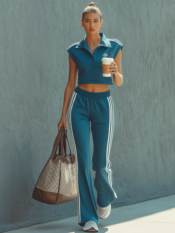 Women's Sporty-Casual Set: Sleeveless Collared Cropped Sweatshirt & Flared Pants MDZ1606D7Y