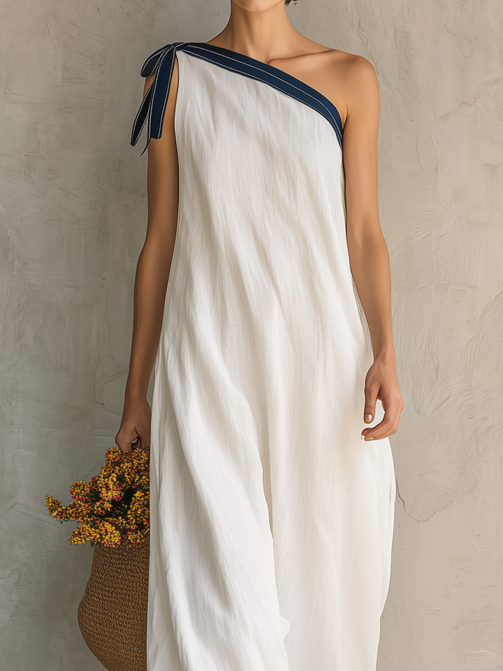Women's Casual White Woven One-Shoulder Sleeveless Maxi Dress MDZ1614D4LXY