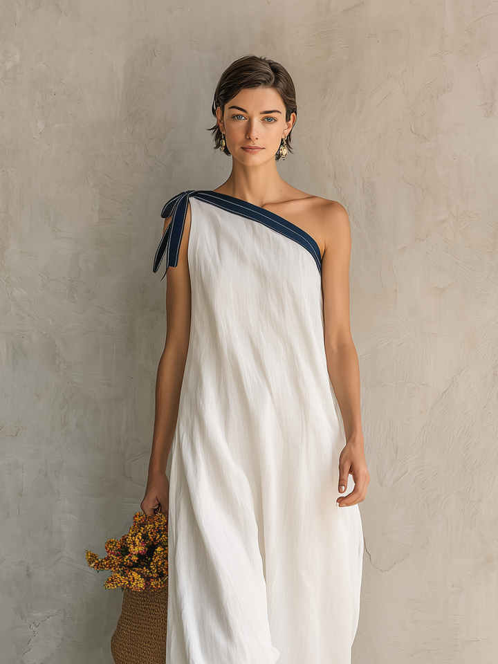 Women's Casual White Woven One-Shoulder Sleeveless Maxi Dress MDZ1614D4LXY