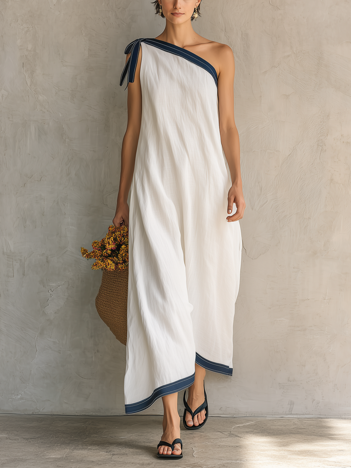 Women's Casual White Woven One-Shoulder Sleeveless Maxi Dress MDZ1614D4LXY