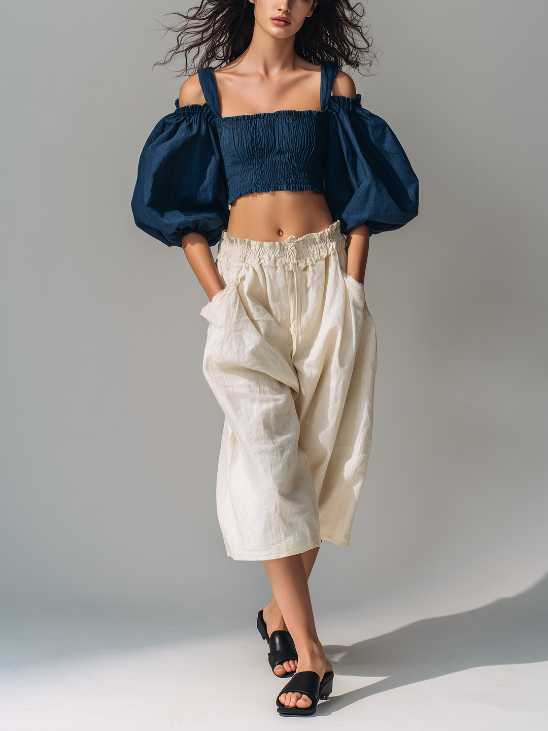 Women's Casual Navy Blue Cotton-Linen Puff-Sleeve Top Paired With Beige Cotton-Linen Mid-Length Shorts MDZ1623D4LXY