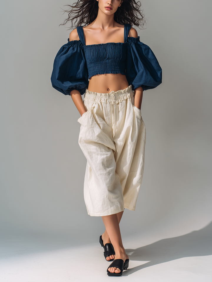 Women's Casual Navy Blue Cotton-Linen Puff-Sleeve Top Paired With Beige Cotton-Linen Mid-Length Shorts MDZ1623D4LXY