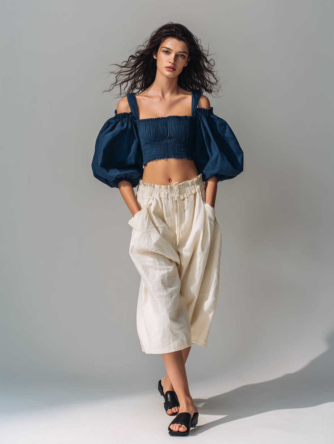 Women's Casual Navy Blue Cotton-Linen Puff-Sleeve Top Paired With Beige Cotton-Linen Mid-Length Shorts MDZ1623D4LXY