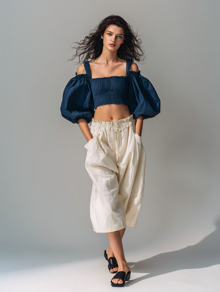 Women's Casual Navy Blue Cotton-Linen Puff-Sleeve Top Paired With Beige Cotton-Linen Mid-Length Shorts MDZ1623D4LXY