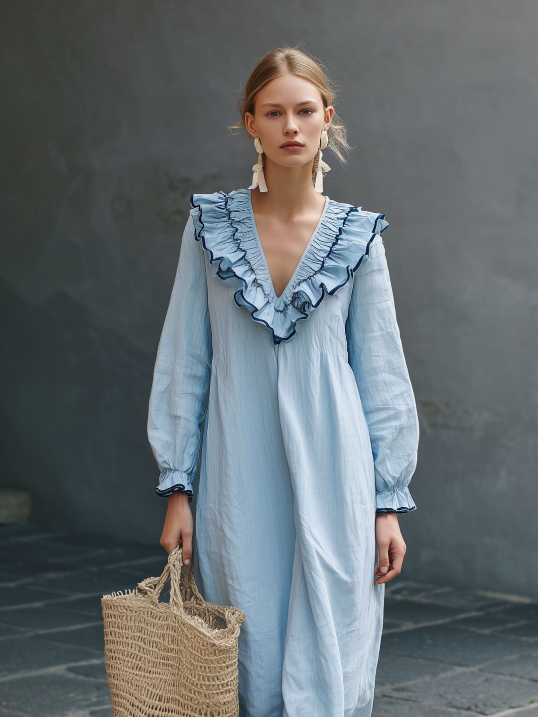 Women's Casual Light Blue Cotton-Linen Maxi Dress — V-Neck, Ruffled, Long Sleeve MDZ1683D3LXY