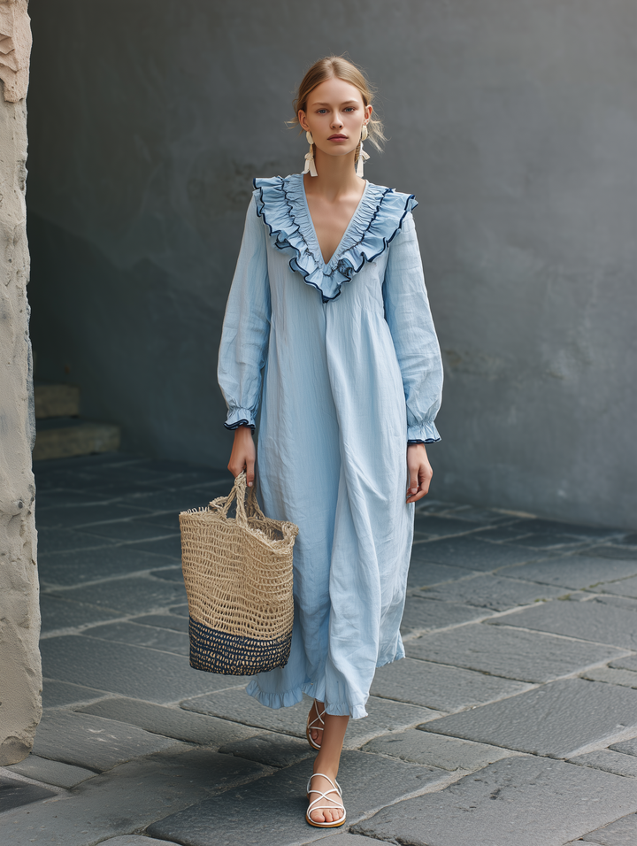 Women's Casual Light Blue Cotton-Linen Maxi Dress — V-Neck, Ruffled, Long Sleeve MDZ1683D3LXY