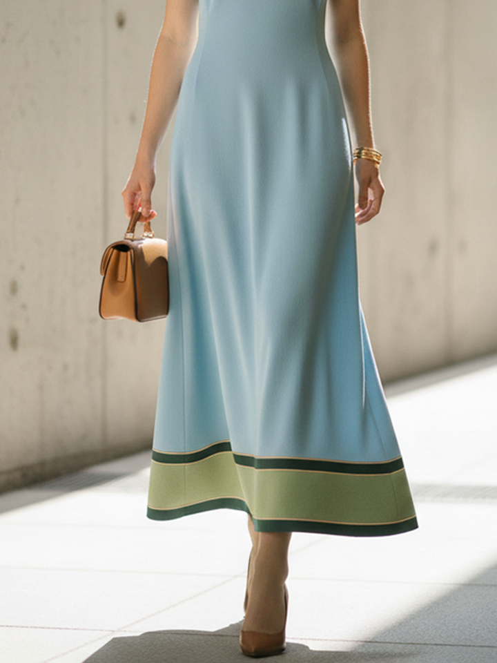 Women's Elegant Light Blue Cotton Blend Color-Blocked V-Neck A-line Long Dress MDZ1687D1GMJ