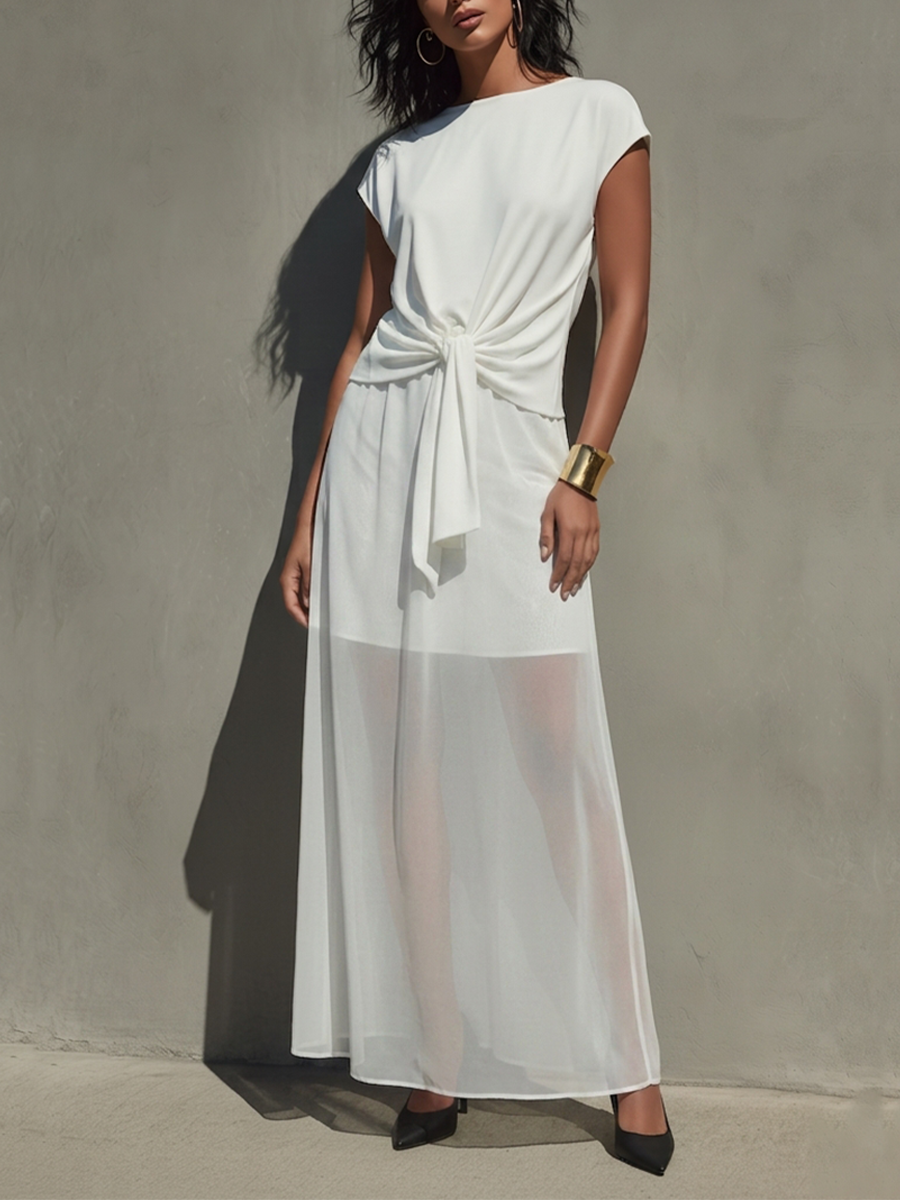 Women's Ivory Chiffon Dress With Boat Neck & Knotted Waist, Modern Minimalist-Chic Style Dress MDZ1538D1LYL
