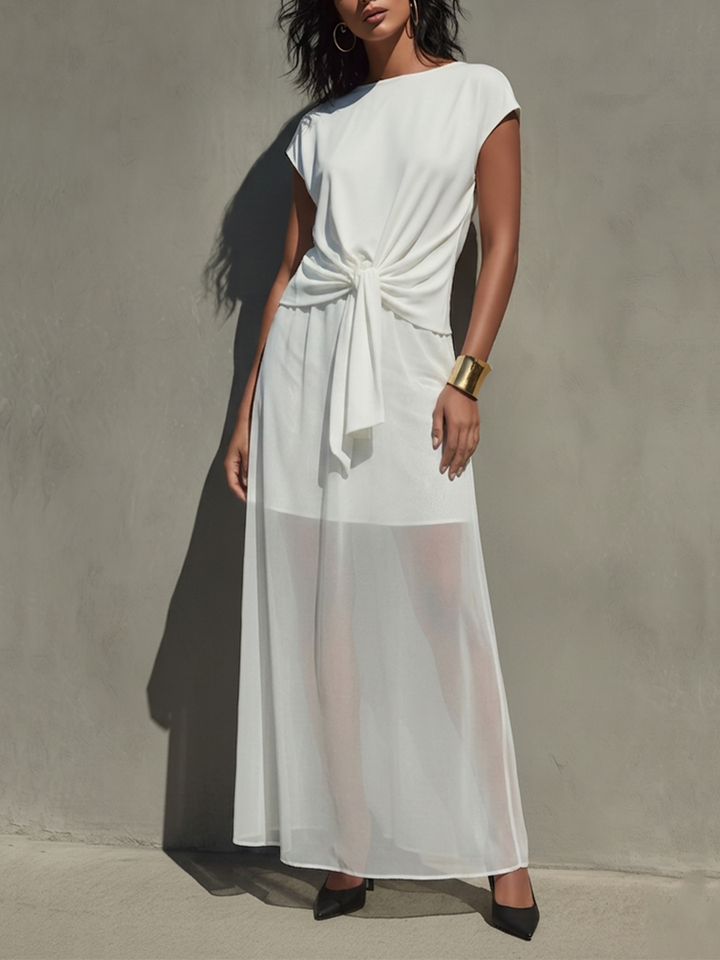 Women's Ivory Chiffon Dress With Boat Neck & Knotted Waist, Modern Minimalist-Chic Style Dress MDZ1538D1LYL