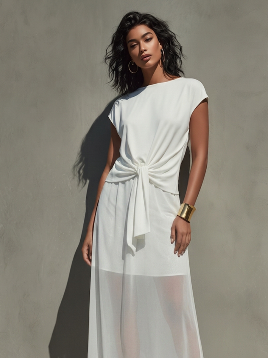 Women's Ivory Chiffon Dress With Boat Neck & Knotted Waist, Modern Minimalist-Chic Style Dress MDZ1538D1LYL