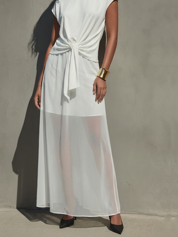Women's Ivory Chiffon Dress With Boat Neck & Knotted Waist, Modern Minimalist-Chic Style Dress MDZ1538D1LYL