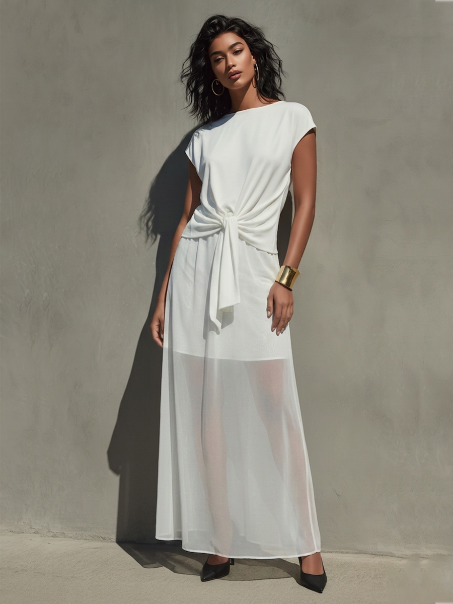 Women's Ivory Chiffon Dress With Boat Neck & Knotted Waist, Modern Minimalist-Chic Style Dress MDZ1538D1LYL
