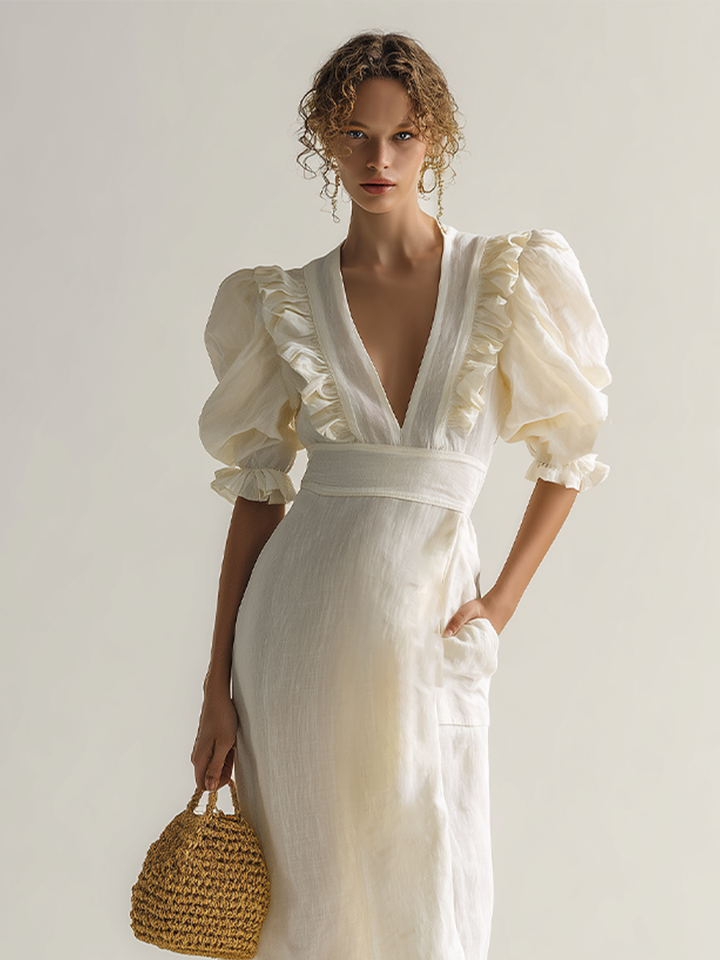 Women's Ivory Linen Puff Sleeve Maxi Dress With Plunging Neck & Ruffle Trim, Timeless Romantic-Chic Style Dress MDZ1561D5LYL