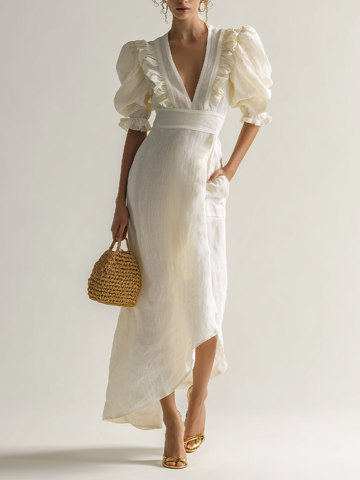 Women's Ivory Linen Puff Sleeve Maxi Dress With Plunging Neck & Ruffle Trim, Timeless Romantic-Chic Style Dress MDZ1561D5LYL