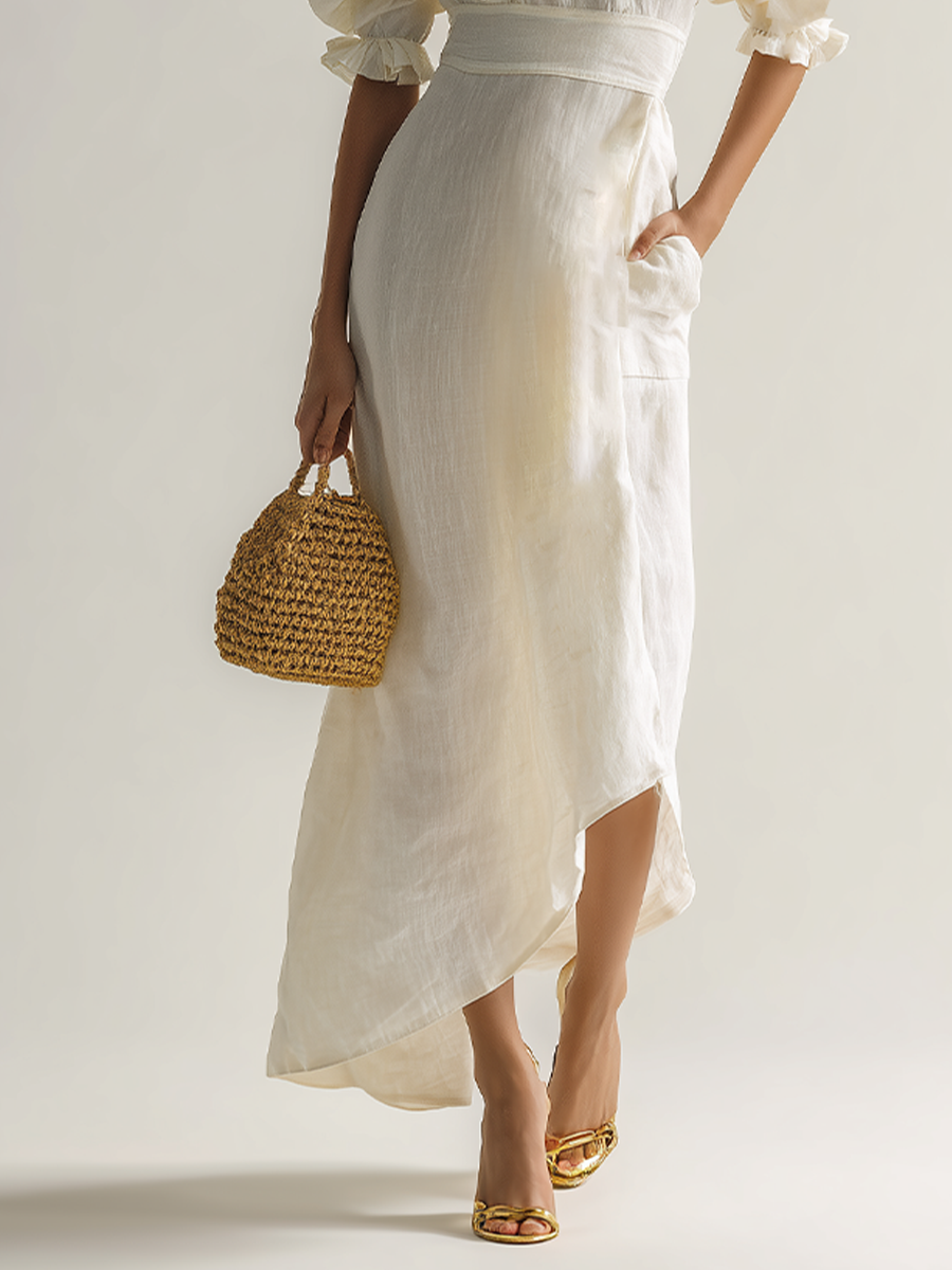 Women's Ivory Linen Puff Sleeve Maxi Dress With Plunging Neck & Ruffle Trim, Timeless Romantic-Chic Style Dress MDZ1561D5LYL