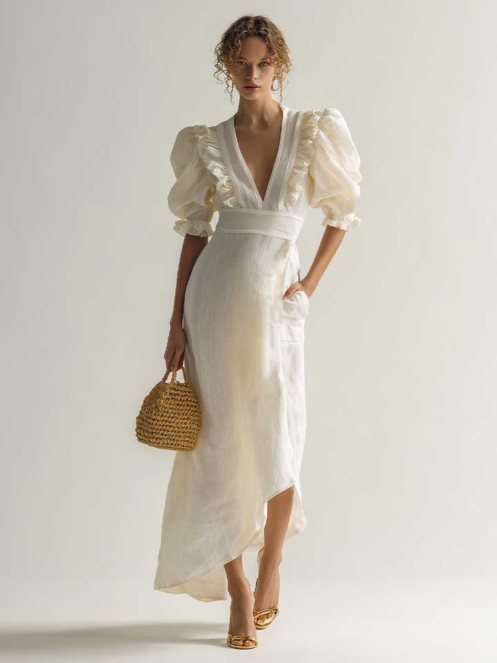 Women's Ivory Linen Puff Sleeve Maxi Dress With Plunging Neck & Ruffle Trim, Timeless Romantic-Chic Style Dress MDZ1561D5LYL