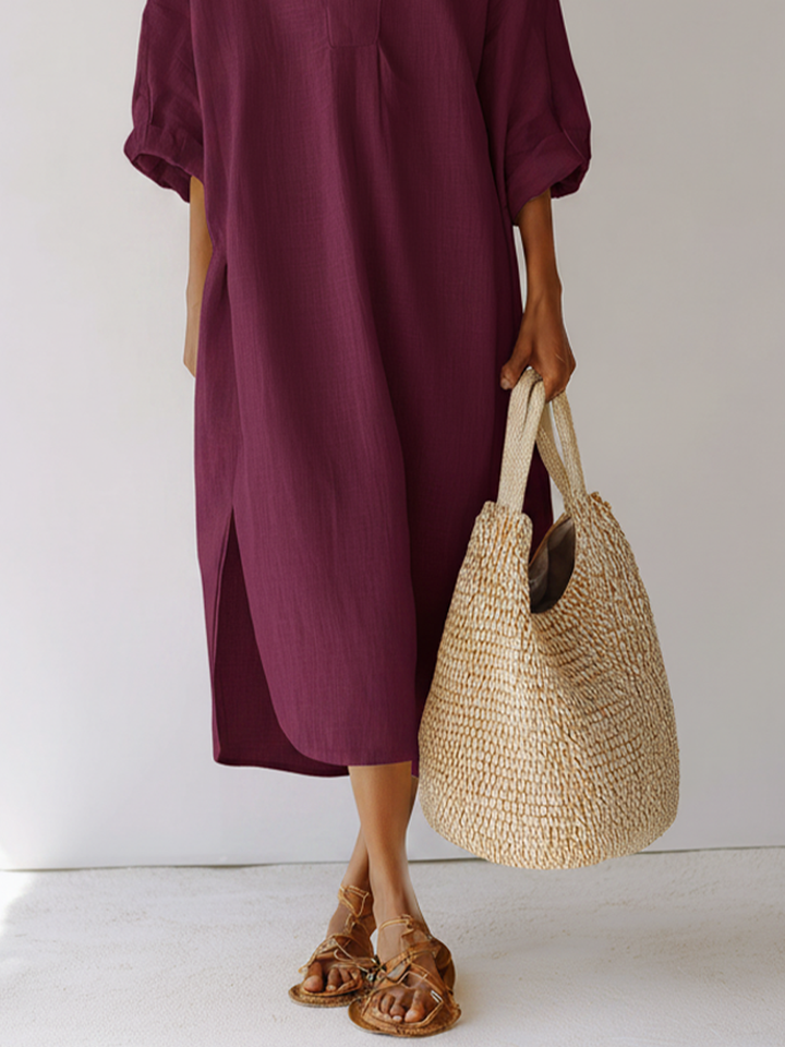 Women's Plum Linen-Blend Tunic Dress With Split Neck & Roll-Up Sleeves, Timeless Casual-Resort Style Dress MDZ1528D1LYL