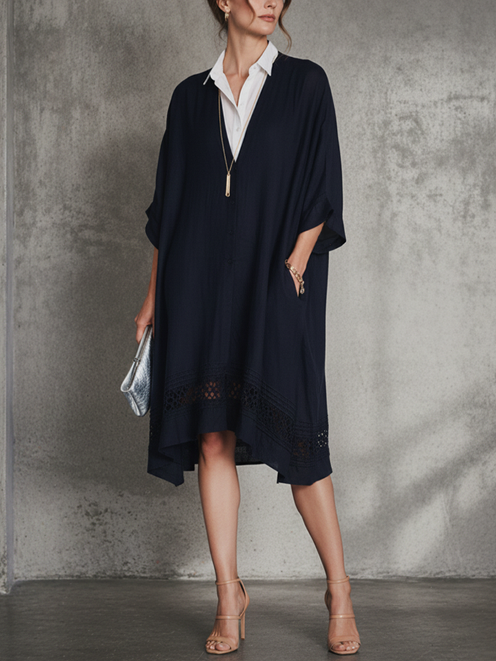Women's Casual Navy Blue Cotton-Linen Patchwork White Cotton Blend Shirt Collar Short Sleeve Loose Midi Dress MDZ1695D3GMJ