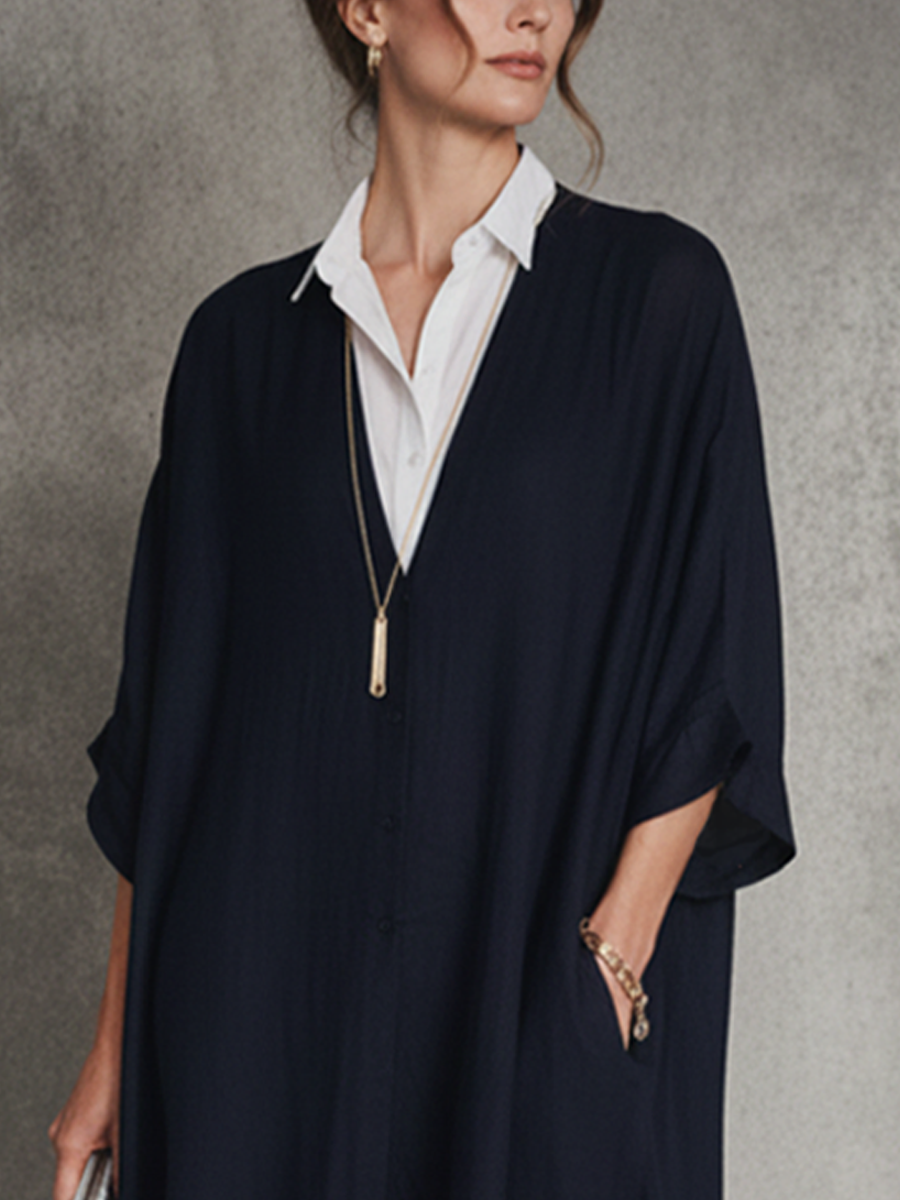 Women's Casual Navy Blue Cotton-Linen Patchwork White Cotton Blend Shirt Collar Short Sleeve Loose Midi Dress MDZ1695D3GMJ