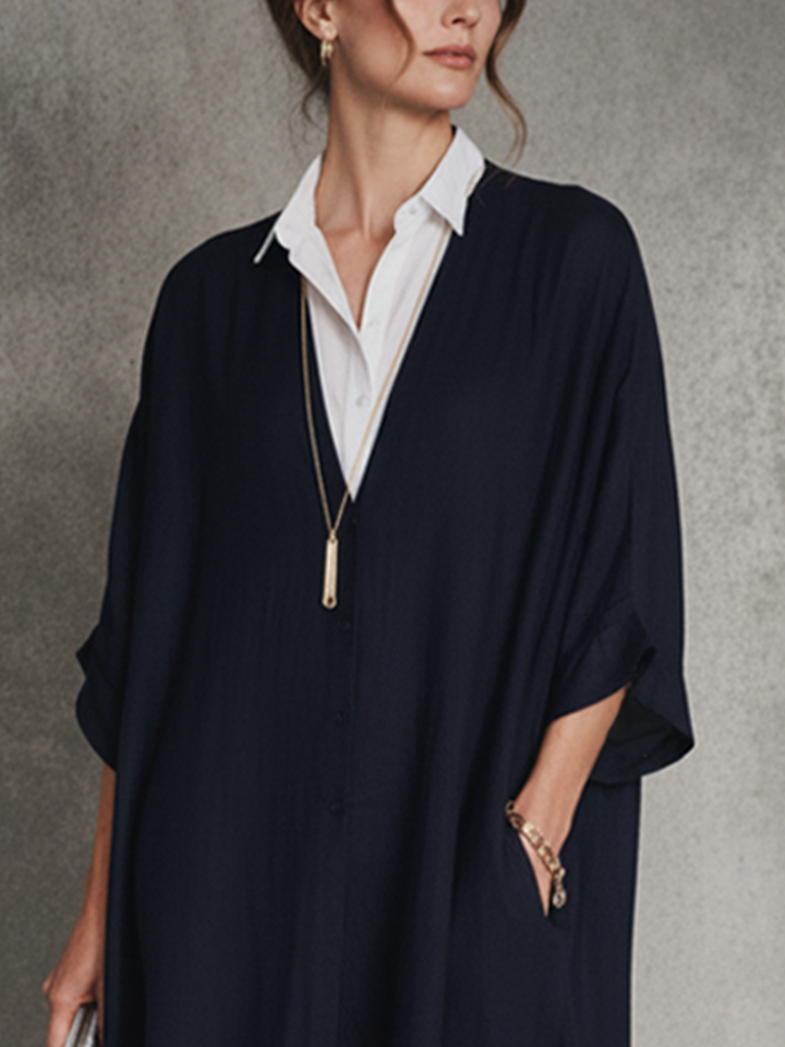 Women's Casual Navy Blue Cotton-Linen Patchwork White Cotton Blend Shirt Collar Short Sleeve Loose Midi Dress MDZ1695D3GMJ