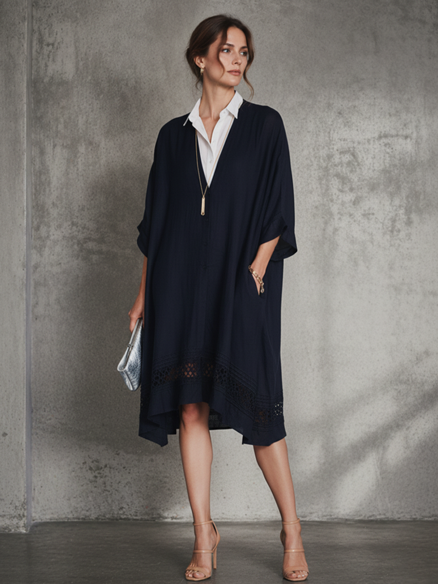 Women's Casual Navy Blue Cotton-Linen Patchwork White Cotton Blend Shirt Collar Short Sleeve Loose Midi Dress MDZ1695D3GMJ