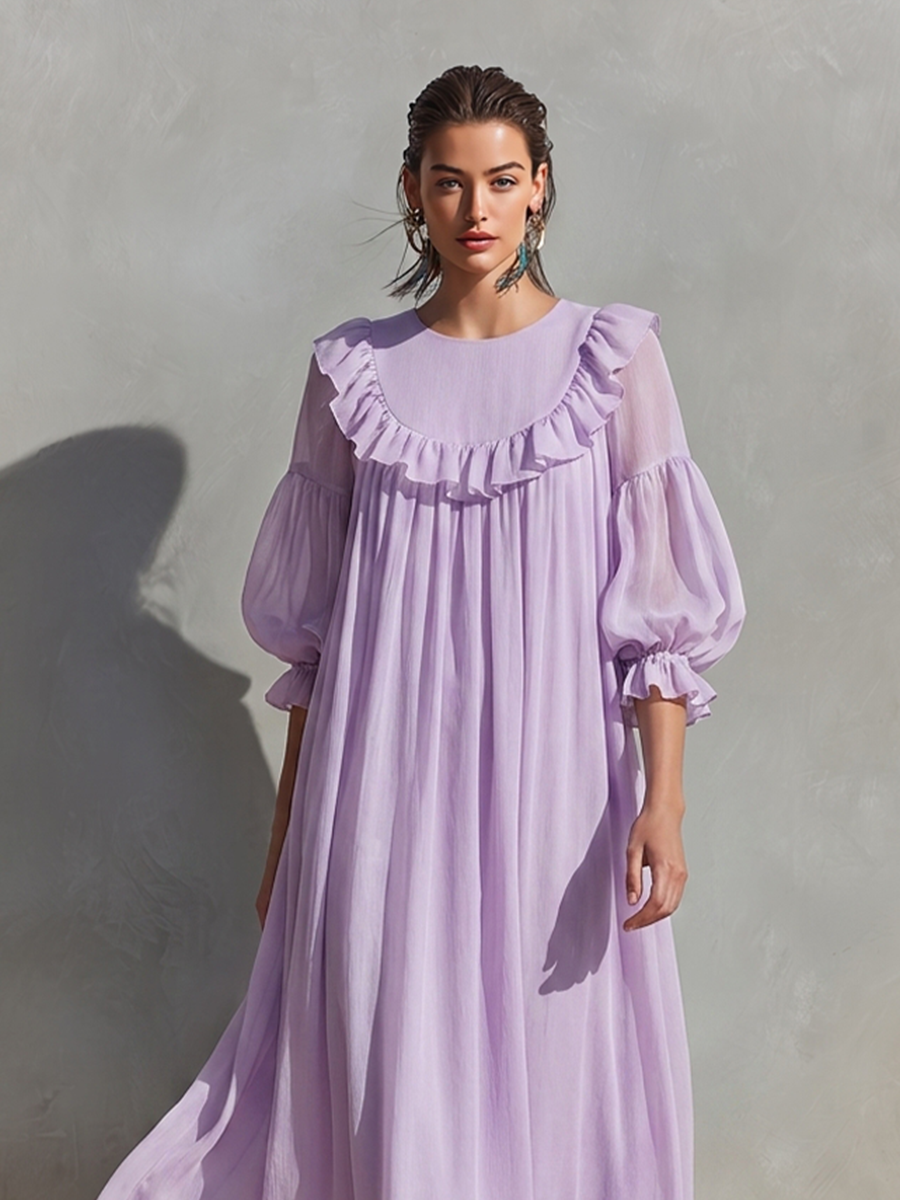 Women's Lavender Chiffon Midi Dress With Ruffle Trim & Puff Sleeves, Timeless Romantic-Chic Style Dress MDZ1671D6LYL