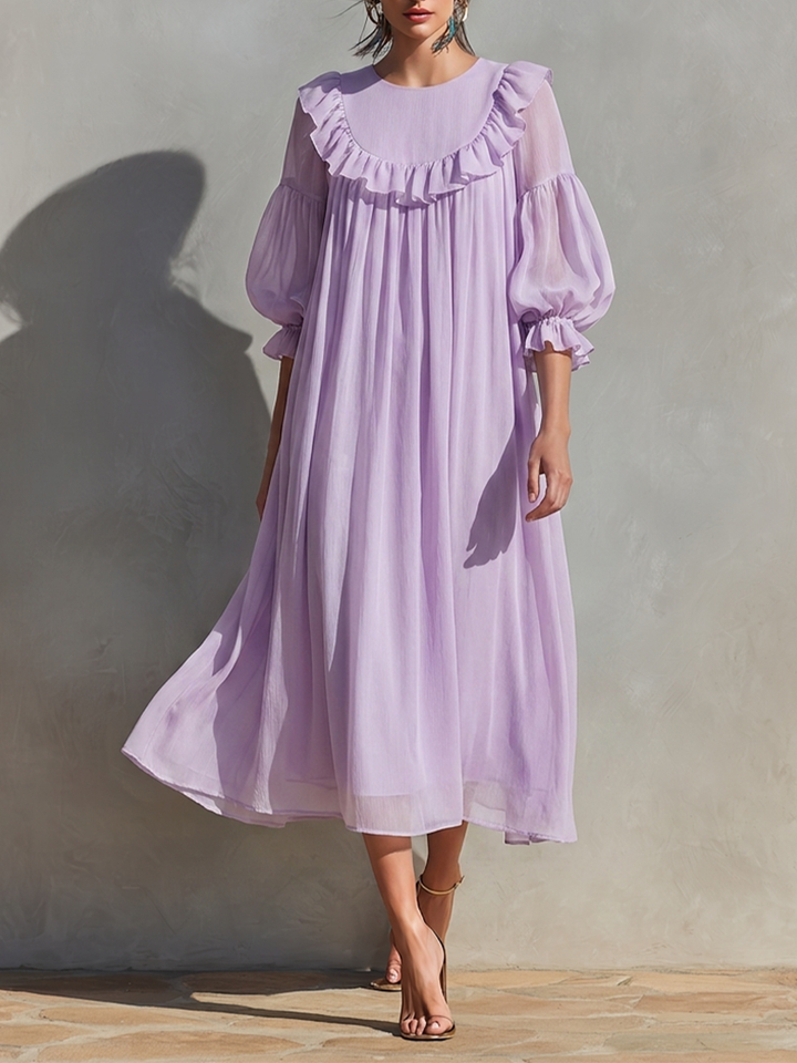 Women's Lavender Chiffon Midi Dress With Ruffle Trim & Puff Sleeves, Timeless Romantic-Chic Style Dress MDZ1671D6LYL