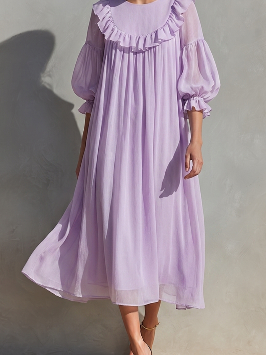 Women's Lavender Chiffon Midi Dress With Ruffle Trim & Puff Sleeves, Timeless Romantic-Chic Style Dress MDZ1671D6LYL