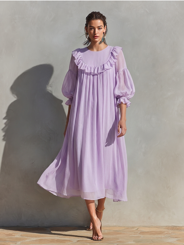 Women's Lavender Chiffon Midi Dress With Ruffle Trim & Puff Sleeves, Timeless Romantic-Chic Style Dress MDZ1671D6LYL