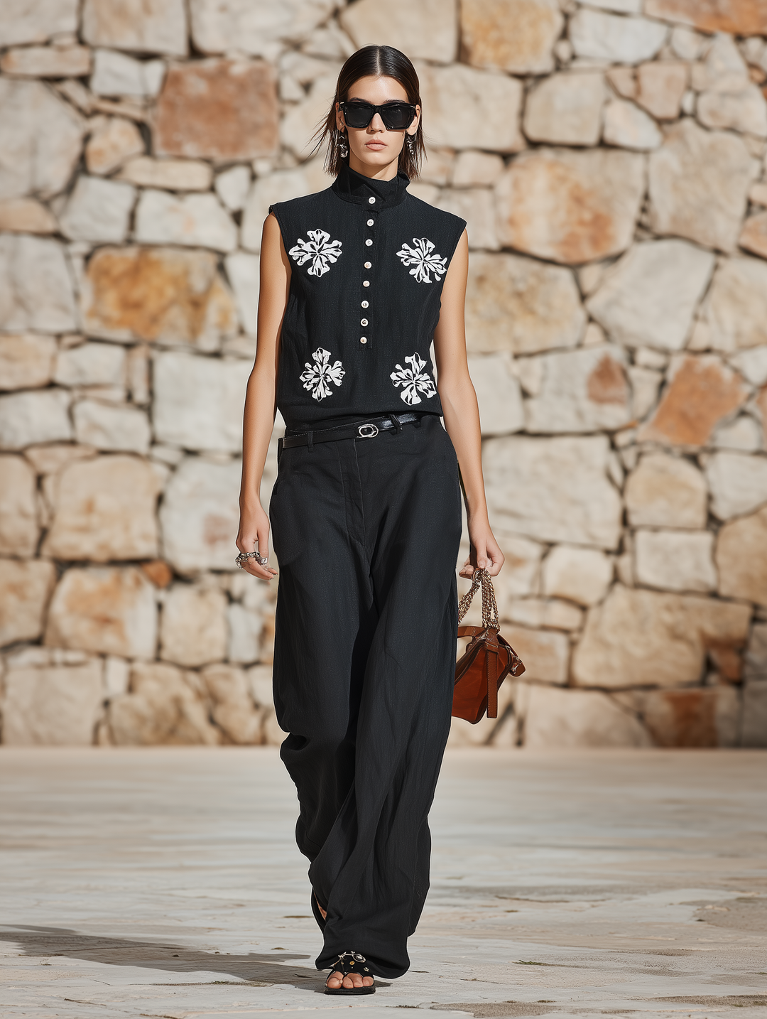 Women’s Black Floral Embroidery Stand Collar Sleeveless Top & High-Waisted Wide-Leg Pants Two-Piece Set (Without Belt) MDZ1725D3T