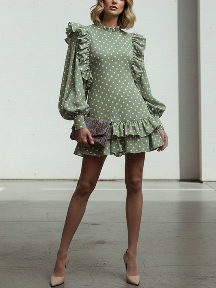 Women's Retro Green And White Polka Dot Cotton Blend Ruffled Lantern Sleeve Short Dress MDZ1682D2GMJ