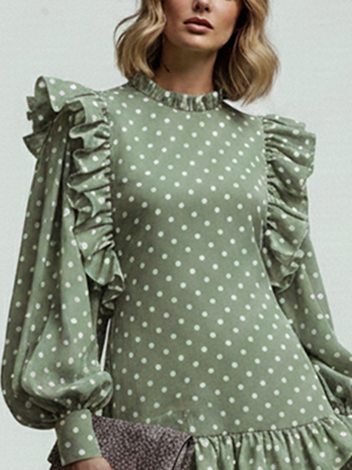 Women's Retro Green And White Polka Dot Cotton Blend Ruffled Lantern Sleeve Short Dress MDZ1682D2GMJ