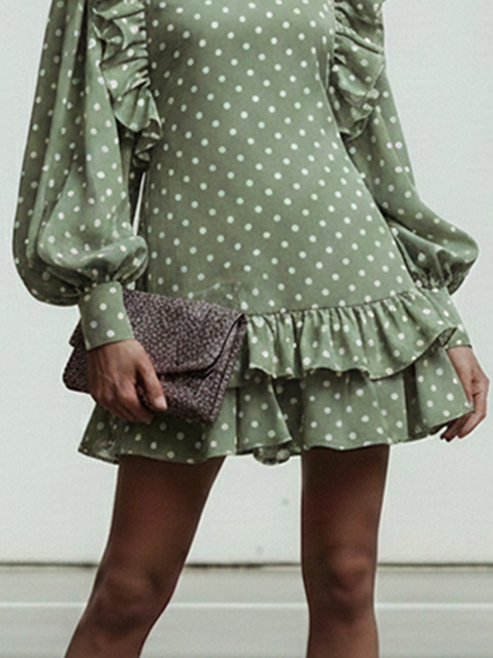 Women's Retro Green And White Polka Dot Cotton Blend Ruffled Lantern Sleeve Short Dress MDZ1682D2GMJ
