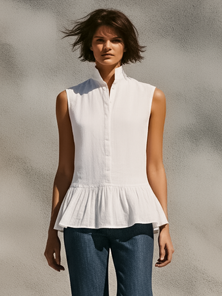 Women's Minimalist Sleeveless Linen-Blend Shirt & Ruffled-Hem Jeans Set MDZ1777D8Y