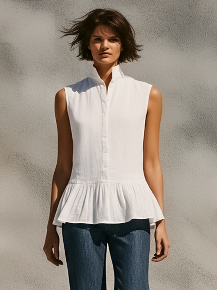 Women's Minimalist Sleeveless Linen-Blend Shirt & Ruffled-Hem Jeans Set MDZ1777D8Y