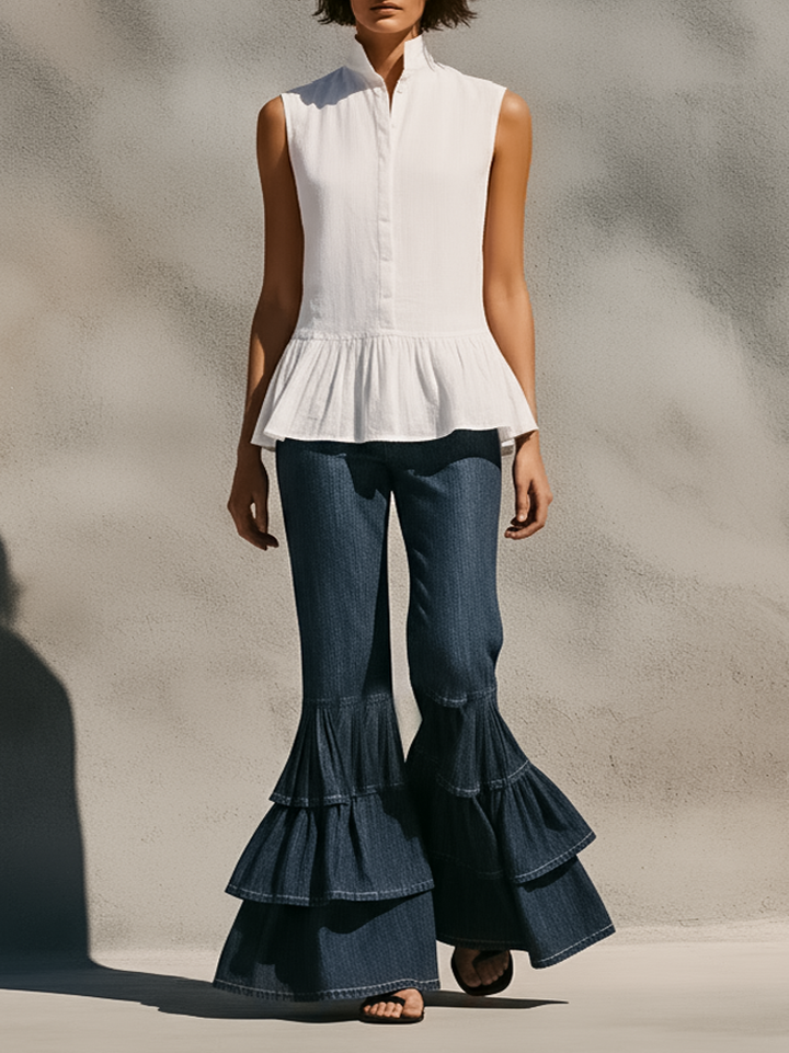 Women's Minimalist Sleeveless Linen-Blend Shirt & Ruffled-Hem Jeans Set MDZ1777D8Y