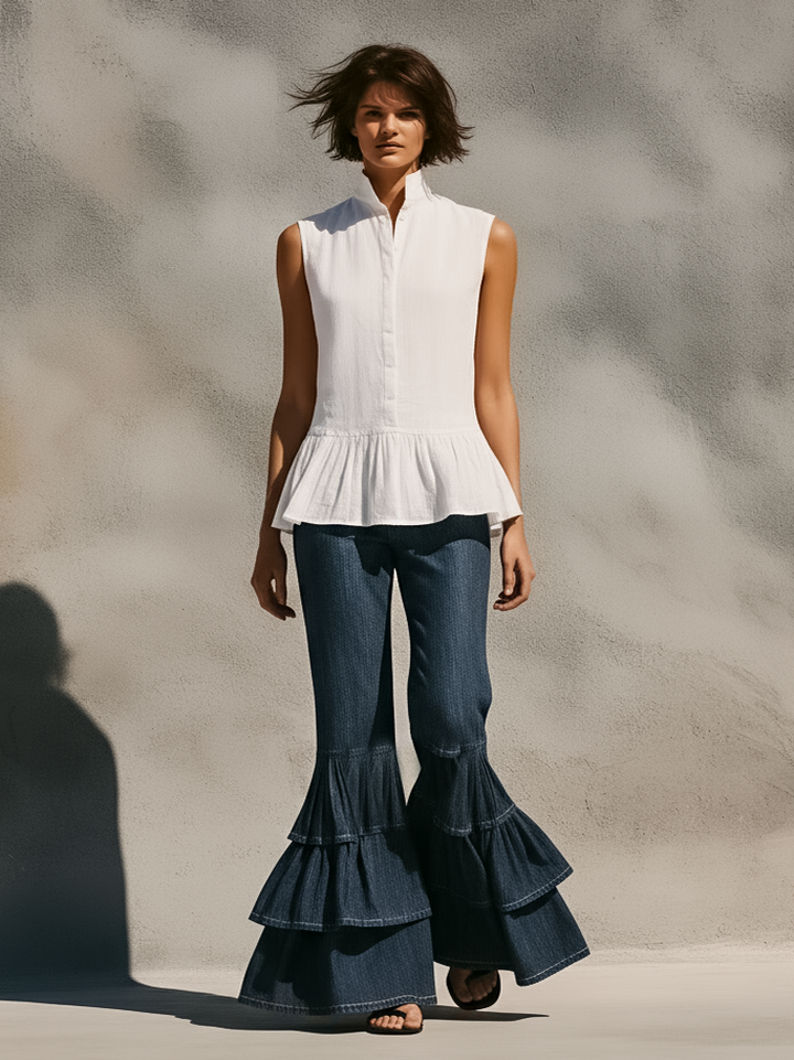 Women's Minimalist Sleeveless Linen-Blend Shirt & Ruffled-Hem Jeans Set MDZ1777D8Y