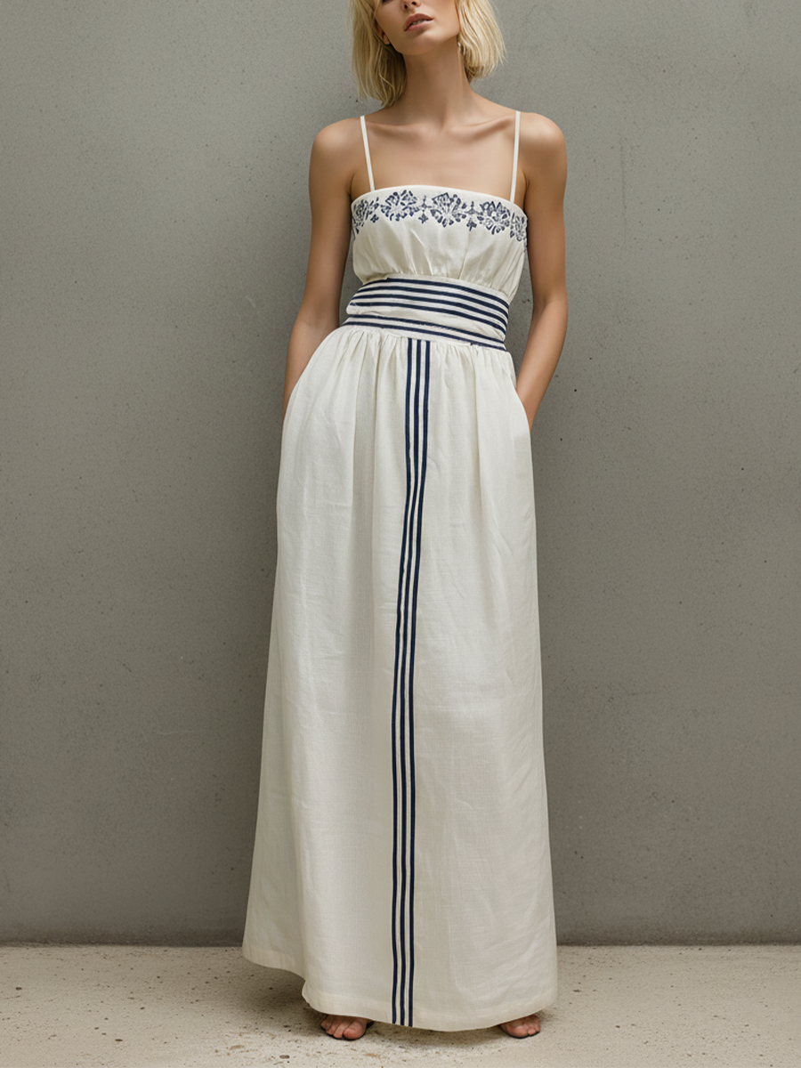 Women’s Off-White Linen-Blend Spaghetti Strap Maxi Dress With Blue Embroidery MDZ1521D4T