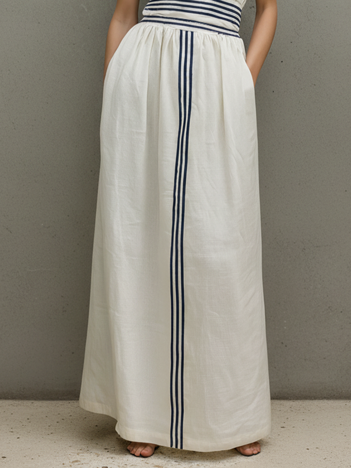 Women’s Off-White Linen-Blend Spaghetti Strap Maxi Dress With Blue Embroidery MDZ1521D4T