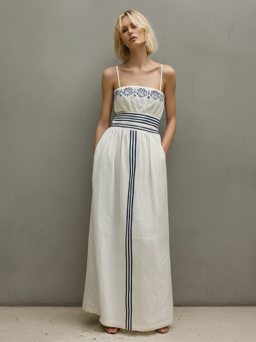 Women’s Off-White Linen-Blend Spaghetti Strap Maxi Dress With Blue Embroidery MDZ1521D4T