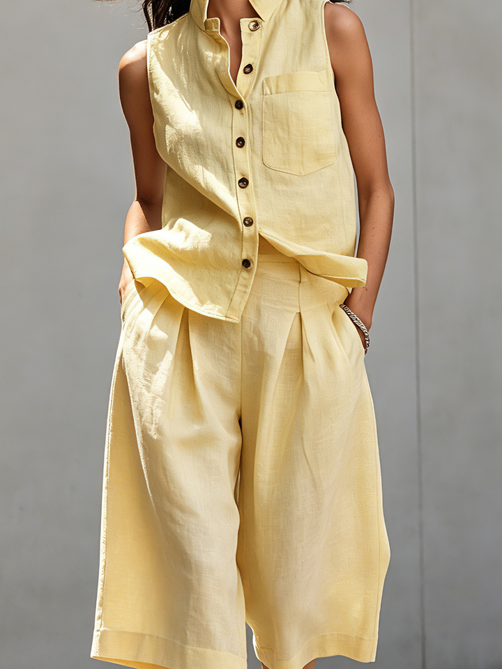 Women's Casual Yellow Cotton-Linen Sleeveless Crew-Neck Top Paired With Mid-Length Pants MDZ1741D8LXY