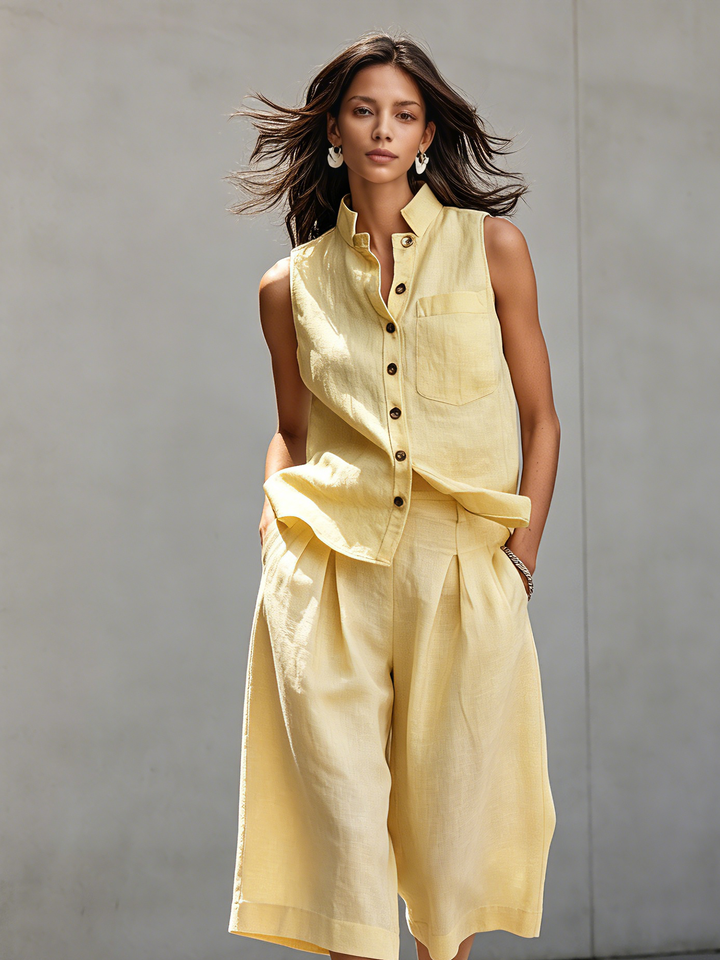 Women's Casual Yellow Cotton-Linen Sleeveless Crew-Neck Top Paired With Mid-Length Pants MDZ1741D8LXY