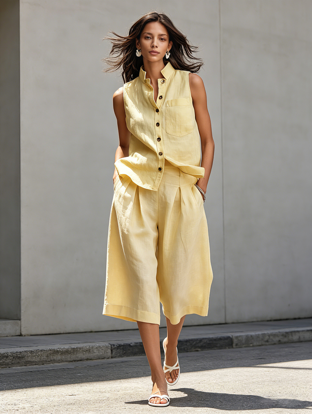 Women's Casual Yellow Cotton-Linen Sleeveless Crew-Neck Top Paired With Mid-Length Pants MDZ1741D8LXY