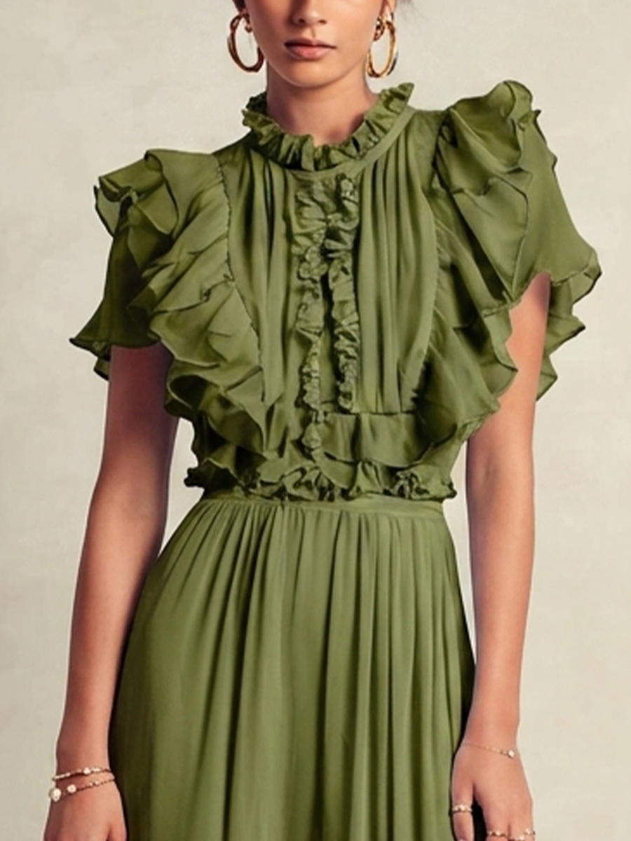 Women's Romantic Olive Green Chiffon Ruffled Short-Sleeved Fitted Waist Slit Long Dress MDZ1731D0GMJ